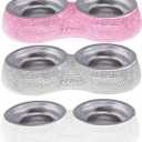SAVORI Small Cat Bowls Pink, 320ML Handmade Bling Rhinestones Stainless Steel Pet Bowls Removable Double Food Water Feeder for Puppy Cats Dogs