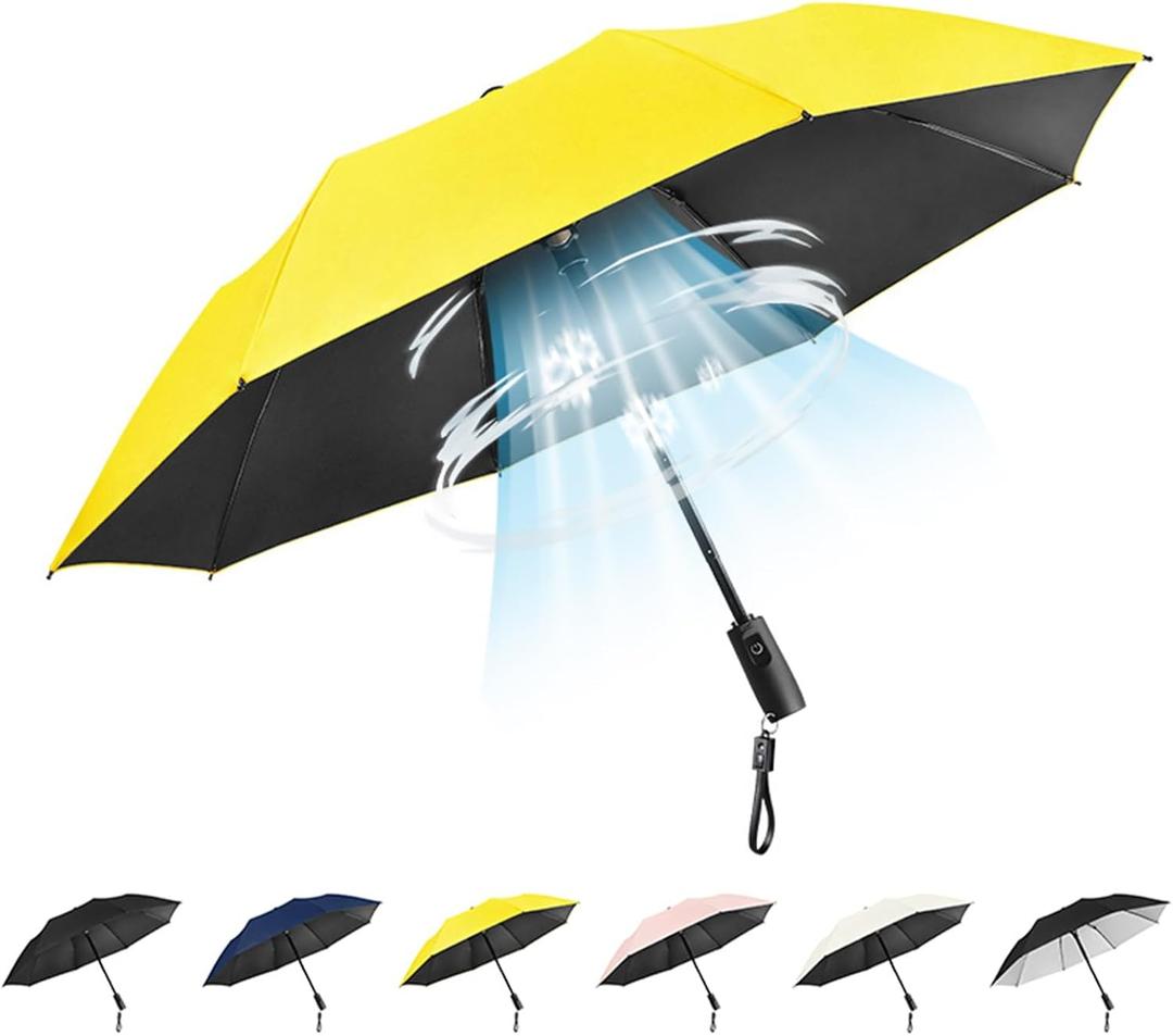 Foldable Umbrella with Fan, USB Rechargeable Cooling Umbrella with Fan, Portable Multifunctional Sun Travel Umbrella for Fishing, Golfing (Yellow)