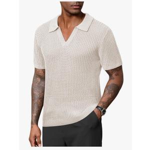 Men's Johnny Collar Polo Shirts Crochet Hollow Out Summer Casual Shirt L