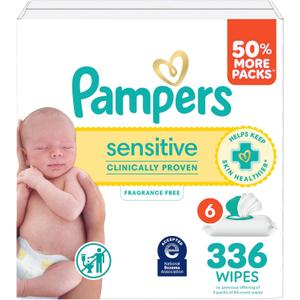Pampers Sensitive Baby Wipes, Water Based, Clinically Proven, Hypoallergenic, and Unscented for Babies, 336 Wipes Total (6 Flip-Top Packs) [Packaging May Vary]