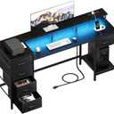 Korfile 55 Inch Computer Gaming Desk with Power Outlets LED Lights, Reversible Home Office Desk with Adjustable Fabric Drawers for Working Writing Study, Black Oak