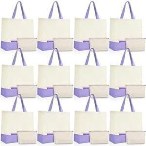 Sanwuta 24 Pcs Canvas Tote Bags Bulk 18.5" Cotton Cosmetic Bags with Zipper Reusable Shopping Tote with Handles(Beige and Light Purple)