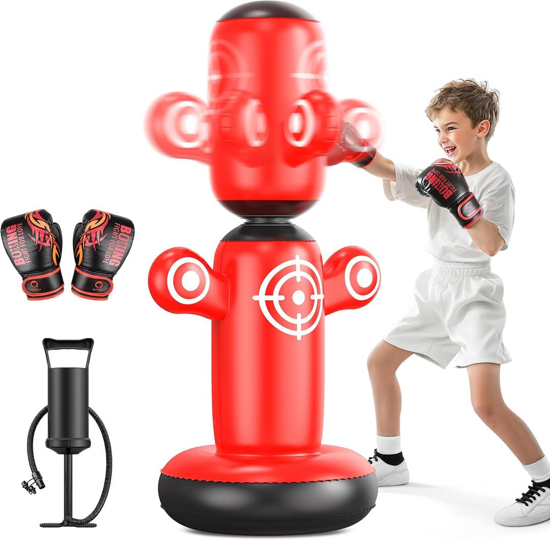 QPAU 360 Rotatable Punching Bag for Kids, Lager 64 Kids Punching Bag with Gloves, Hand Pump & 6 Targets, Bop Bag Inflatable Punching Toy, Karate Gifts for Boys, Girls (Red)