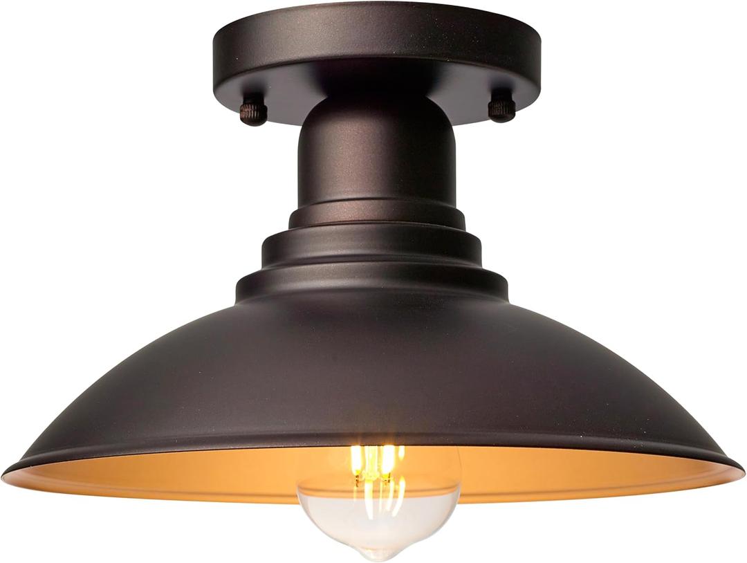 Outdoor Semi Flush Mount Porch Light, Oil Rubbed Bronze with Gold Accents, E26 Based Socket, 9 Inch Farmhouse Metal Ceiling Light for Bedroom, Kitchen, Hallway, Laundry, Foyer