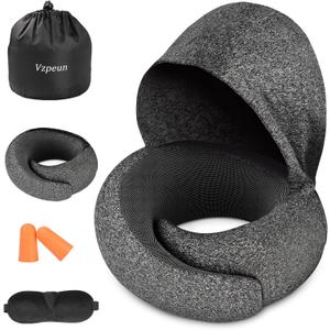 Travel Pillow - Hooded Neck Pillow Airplane Memory Foam Filling for Plane, Office, Cars Sleeping, Road Trip, Long Flights, Portable Plane Accessories, Includes Eye Mask & Earplugs (Dark Gray)