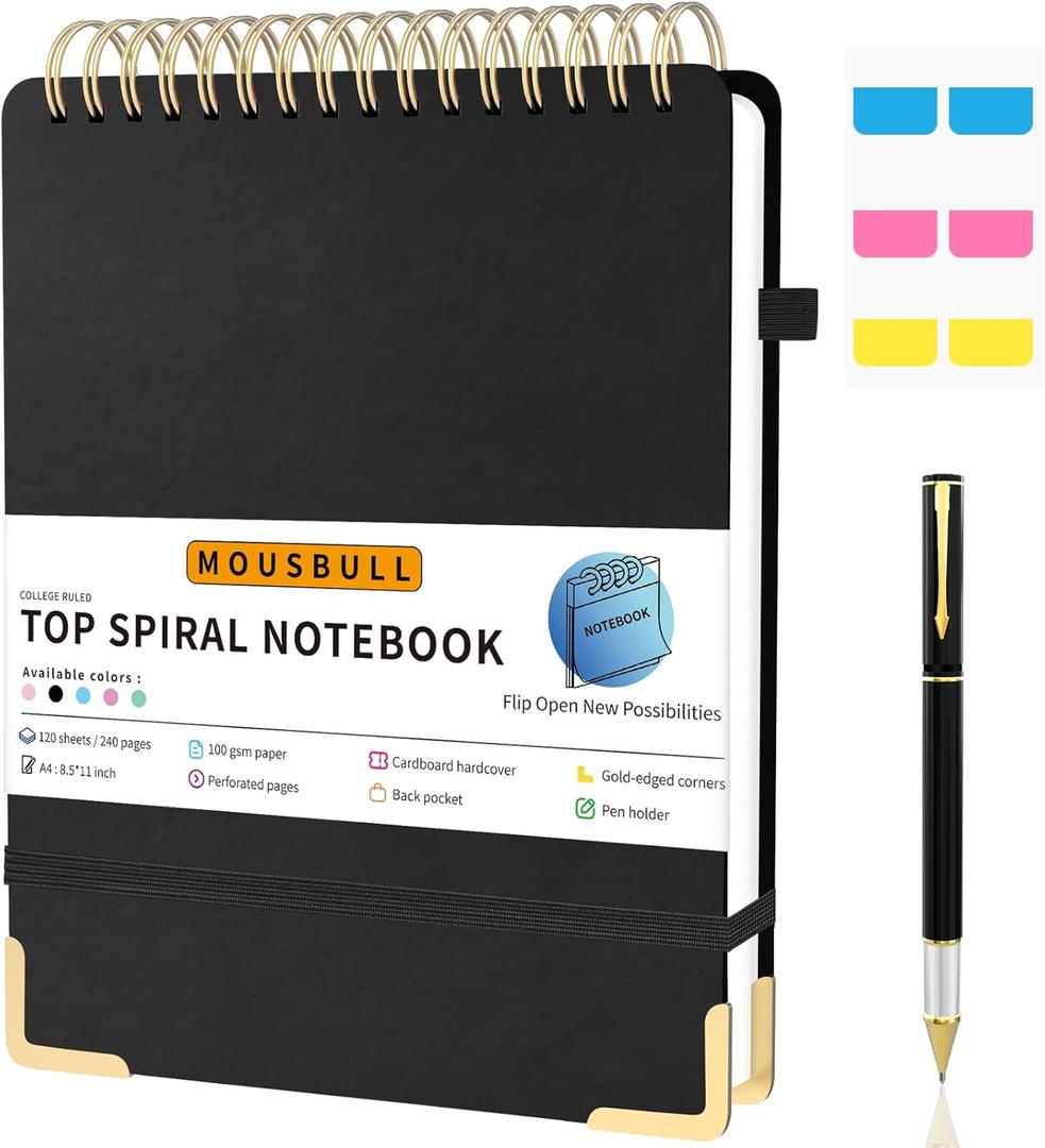 Top Spiral Notebook, A4 Hardcover Top Bound Steno Pads, 240 Pages 100gsm College Ruled Left Handed Notebook Journal for Work, School, Meeting Writing - Black, 8.5" x 11"