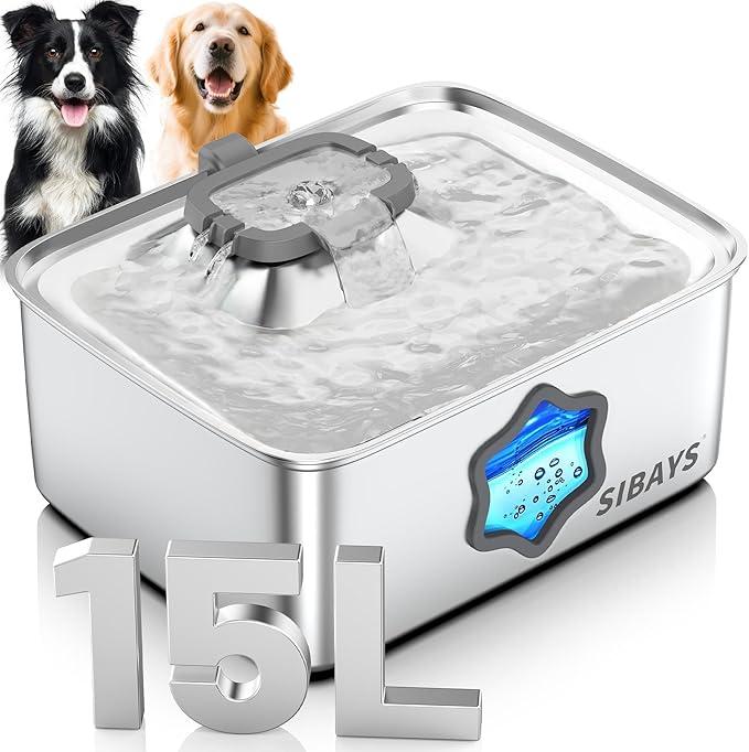 SIBAYS 4Gal/15L Large Dog Water Fountain, Stainless Steel Pet Fountain with Water Window & LED Light, Ultra Quiet Automatic Dog Water Bowl Dispenser for Large Dogs & Multipet, Easy to Clean FS76