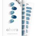 ohora Semi Cured Gel Nail Strips (N Waterbomb) - Blue, Glitter, Works with Any UV/LED Lamps, Salon-Quality, Long Lasting, Easy to Apply & Remove - Includes 2 Prep Pads, Nail File & Wooden Stick