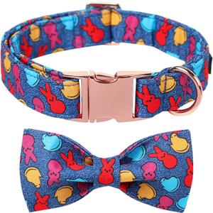 Maca Bates Easter Day Rabbit Dog Collar with Fancy Bow Tie for Extra Small Girl Boy Dogs, Blue Bunny Chick Pattern,Adjustable Durable Soft Breakaway Collars for Male Female Puppy (XS)