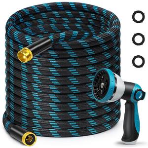 75FT Garden Hose, Non-Expandable Flexible Fabric Water Hose with 10-Function Spray Nozzle, Kink-Free & Lightweight Yard Hose with 3/4" Solid Brass Connectors for Lawn, Outdoor, RV & Marine Use
