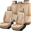 Huidasource Seat Covers Full Set, Universal Fit for Most Cars SUVs Trucks, Full Coverage Leather Automotive Seat Cover, Airbag, Cupholder Compatible, Seat Function Retain, Velcro Adjustable, Beige