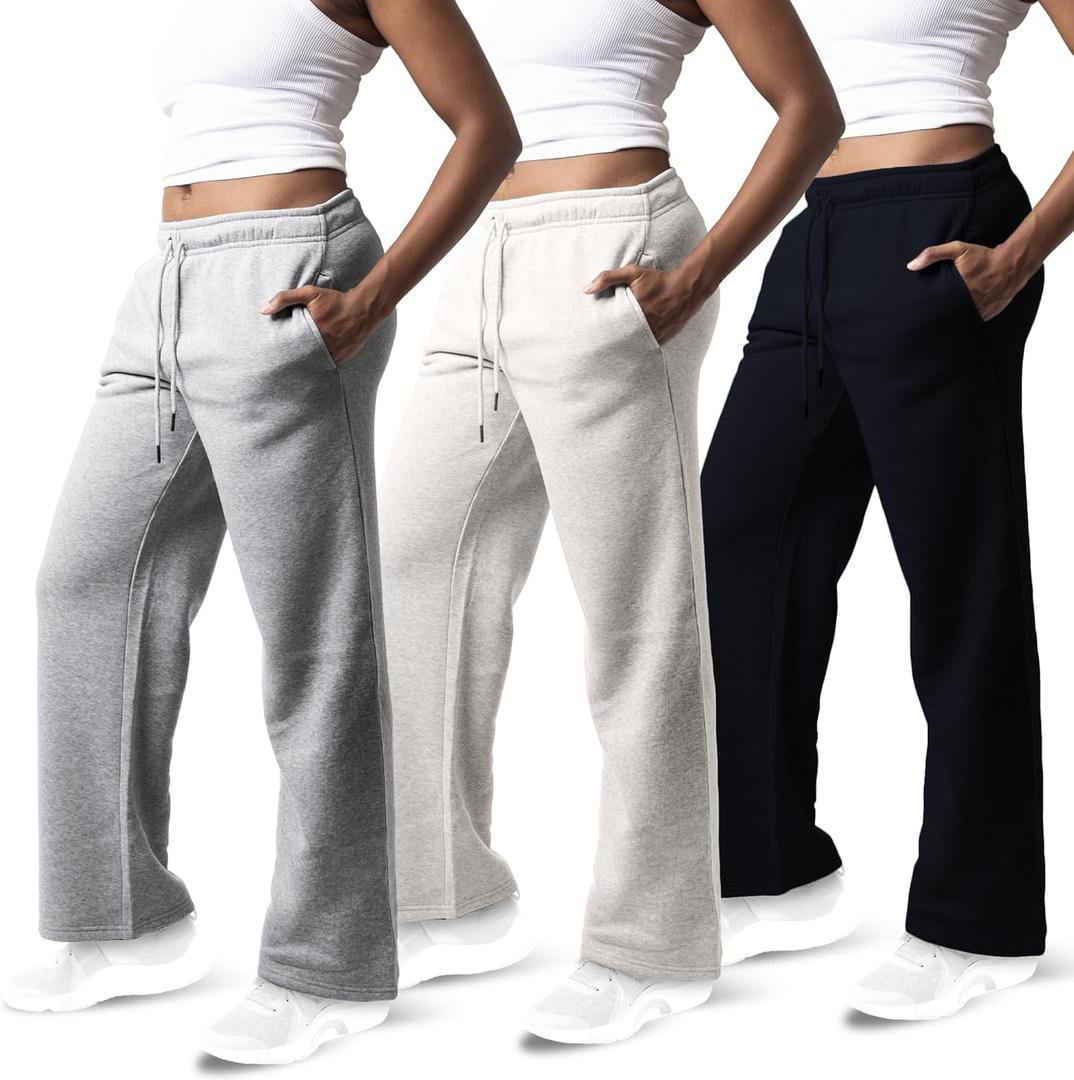 Common Stitch 3 Pack Sweatpants Women, Wide Leg Womens Sweatpants, Workout - Yoga Pants  (X-Large, Black / Lt. Heather Grey / Med. Heather Grey)