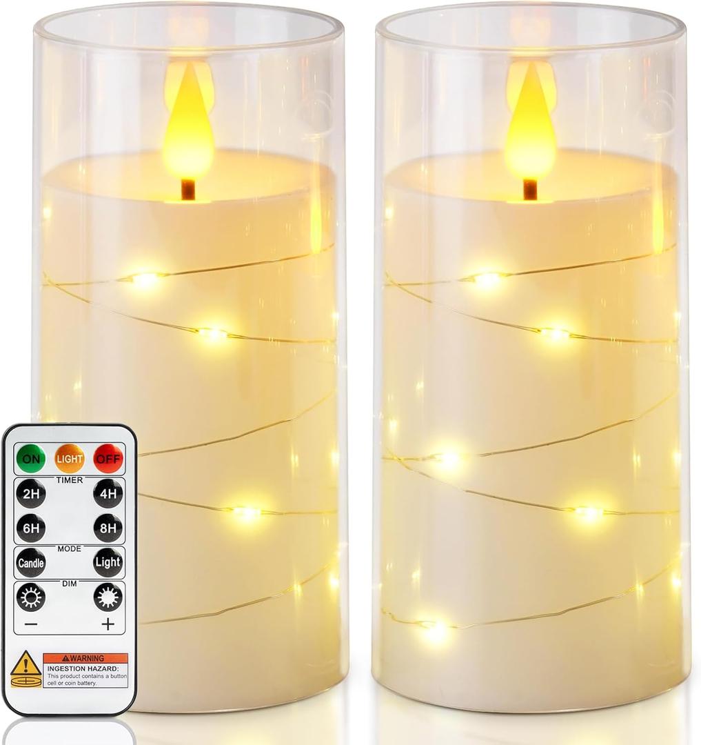 Homemory Flameless Candles with Embedded Star String Fairy Lights, Battery Operated Candles, LED Candle, Fake Candles with Remote Control and Timer, White, Set of 2(H 6" 6") (Ivory)