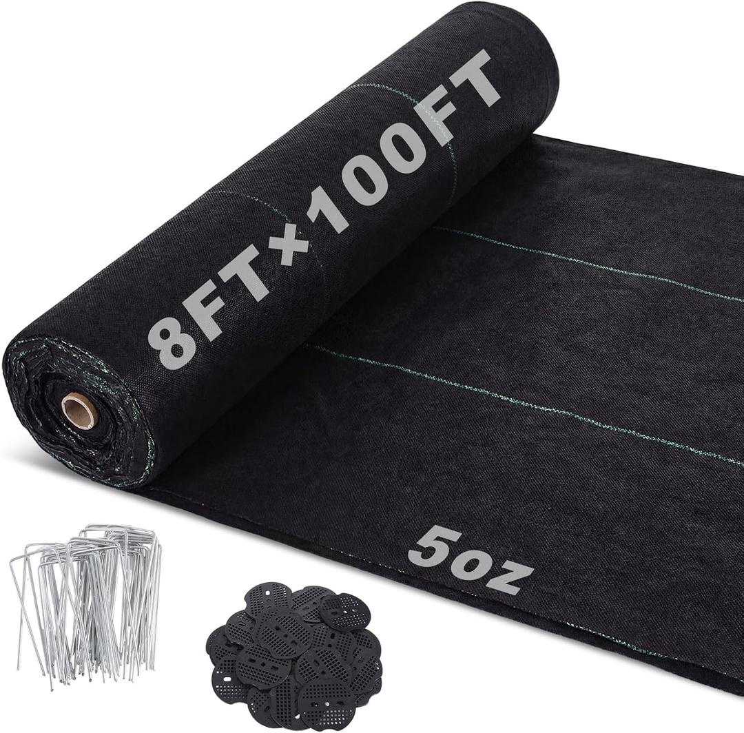 Breling 8ft x 100ft Non-Woven Geotextile Fabric with 30 Pcs Stakes 5 oz Heavy Duty Geotextile Weed Barrier Fabric Under Gravel Driveway Underlayment for Drainage Gravel Gardening Landscaping