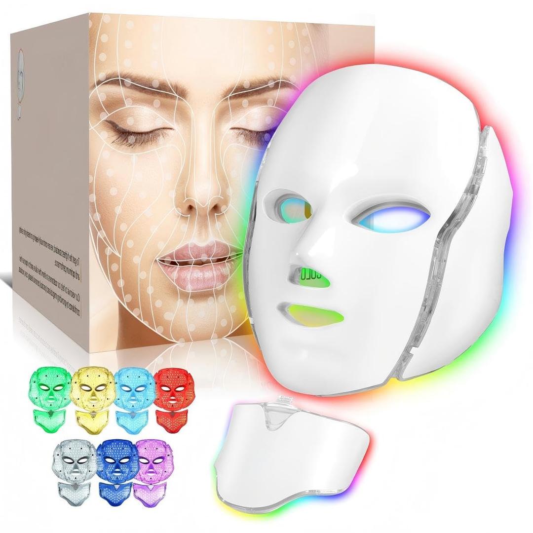 Photon Skin Rejuvenation Face & Neck Mask | LED Photon Red Blue Green Therapy 7 Color Light Treatment Anti Aging Spot Removal Wrinkles Whitening Facial Skin Care Mask, White