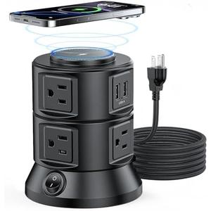 Power Strip Tower 1875W 15A with 15W Magnetic Wireless Charger, Dual-Layer Rotatable Design, 540 Joules Surge Protector Tower with 6 AC Outlets and 4 USB Ports(2USBA+2USBC), 5FT Braided Extension Cord