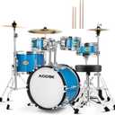 AODSK 14 Inch 5-Piece Full Size Drum Set for Beginner Aspiring Drummers, Complete Starter Kit with Adjustable Throne, Brass Cymbals, Hi-Hat, Pedal, Drumsticks, Ideal Holiday Gift (Light Blue)