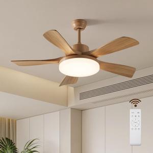 46 Inch Wood Ceiling Fan with Remote, Solid Wood 5 Blade Ceiling Fan with Light, Burlywood Rustic Outdoor Light with Fan Flush Mount for Patios Living Room, Dining Room, Bedroom, Farmhouse