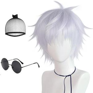 JoneTing Gojo Wig+Hair Cap+A pair of Glasses Jujutsu Kaisen Short Silver Wig Light Purple Wigs With Bang White Cosplay Hair for Halloween Cosplay Party Peluca Violeta Claro for Party