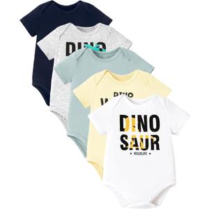 PATPAT Baby Bodysuits Supersoft Bamboo Viscose - Short Sleeve Boys and Girls - Newborn Infant Unisex Clothes Pack (6-9 Months, Dino Explorer)