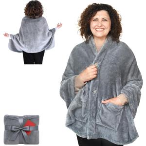 Fleece Poncho Blanket -Drape and Go No Sleeves- Lightweight Wrap Shawl -Wearable Blanket- Gift for Grandma and Mom (Fleece Silver Grey)
