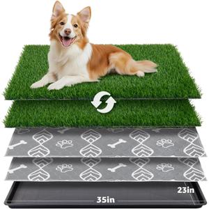LOOBANI Dog Grass Pad with Tray - 35x23in Dog Litter Box with 2 Artificial Grass Patch + 2 Washable Pee Pads - Quickly Absorbency Indoor Outdoor Potty for Patio Balcony Apartment Use (L-35"x23")