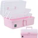 Creahaus 13-inch Art Craft Organizer Storage Box with 3 Layer, Multipurpose Plastic Tool Box with Handle for Sewing, Art Supply, Medicine, Nail, Hair Accessories (Pink)