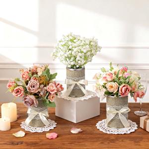 6 Pcs Farmhouse Metal Flower Vase with Bow Vase Wedding Decor Bulk Rustic DIY Vases 4.7 x 3 Inch Galvanized Metal Vases for Bridal Shower Wedding Birthday Home Kitchen