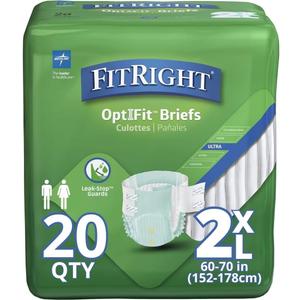 FitRight Ultra Adult Diapers, Disposable Incontinence Briefs, Leak-Proof Diaper, Absorbent Briefs For Men and Women, Maximum Protection, 2XL, 60  70 in, 20 briefs per bag (XX-Large (20 Count))