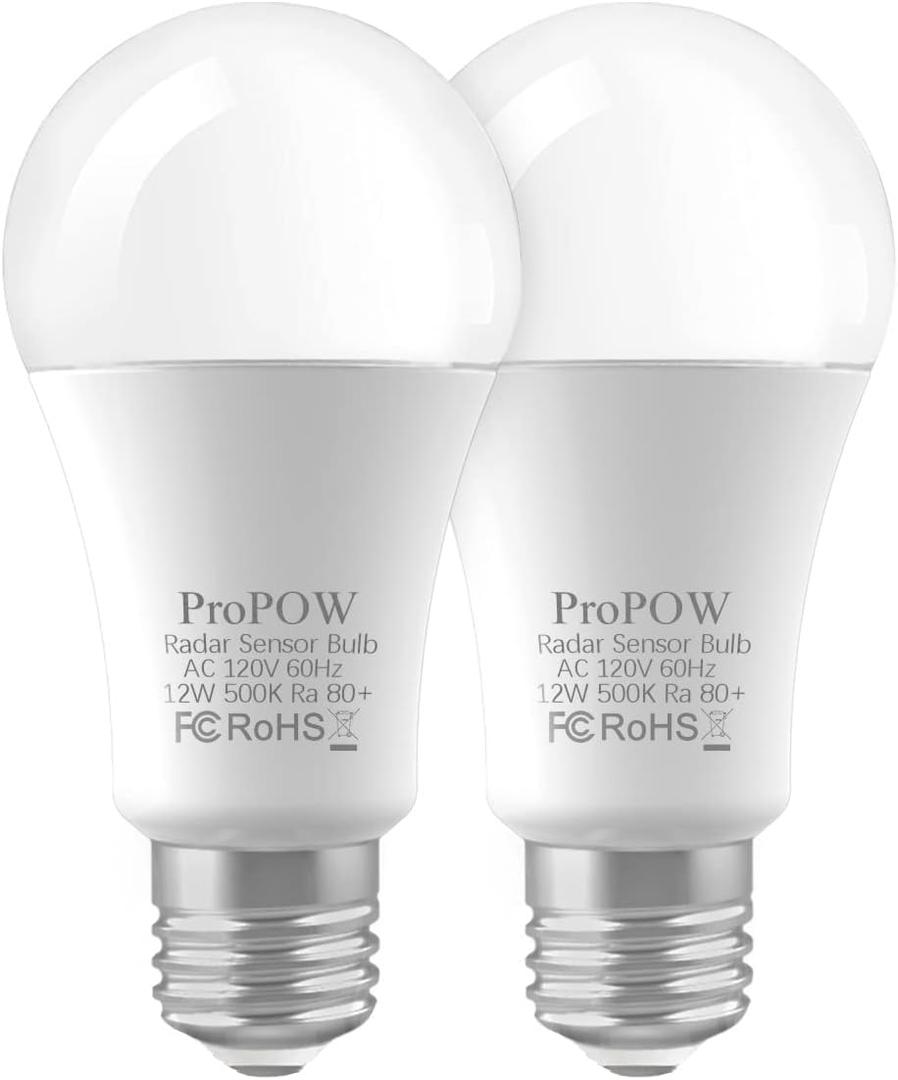 2 x Radar Motion Sensor Light Bulbs, A19 12W (100 Watt Equivalent) Daylight E26 Outdoor Auto on/Off Motion Detector Lights for Outside, Porch, Garage, Driveway, Patio,(1100LM, 2-Pack)