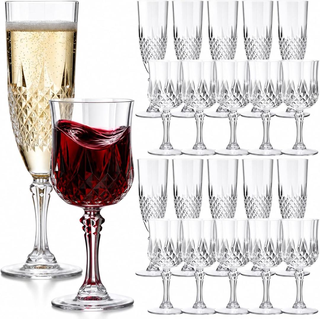Sliner 24 Pack 8 oz Plastic Vintage Champagne Flutes and 7 oz Wine Glasses, 12 Champagne Glass, 12 Plastic Goblet Cups Unbreakable Crystal Water Glassware for Party (Clear)