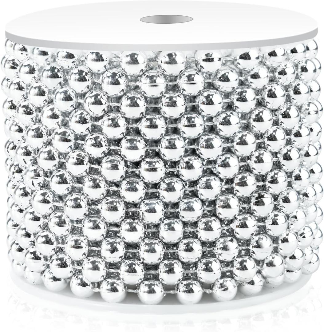 Craft String Pearls 8MM Pearl Bead, 33 Feet Silver Faux Pearl Garland Spool Roll Strand Wedding Party Decoration, Christmas Tree Decorations (0.31 in 33 ft)