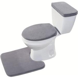 Madeals Velvet Toilet Lid Cover and Tank Lid Cover with Toilet Mat Memory Foam 3 Piece Toilet U Shaped Mat Set Grey