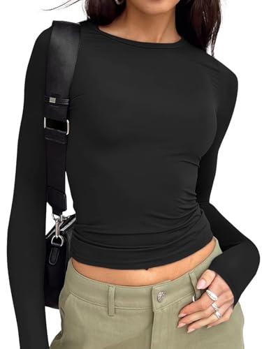Trendy Queen Womens Long Sleeve T Shirts Fall Fashion 2026 Basic Crop Tops Going Out Workout Outfits Y2k Clothes Black M