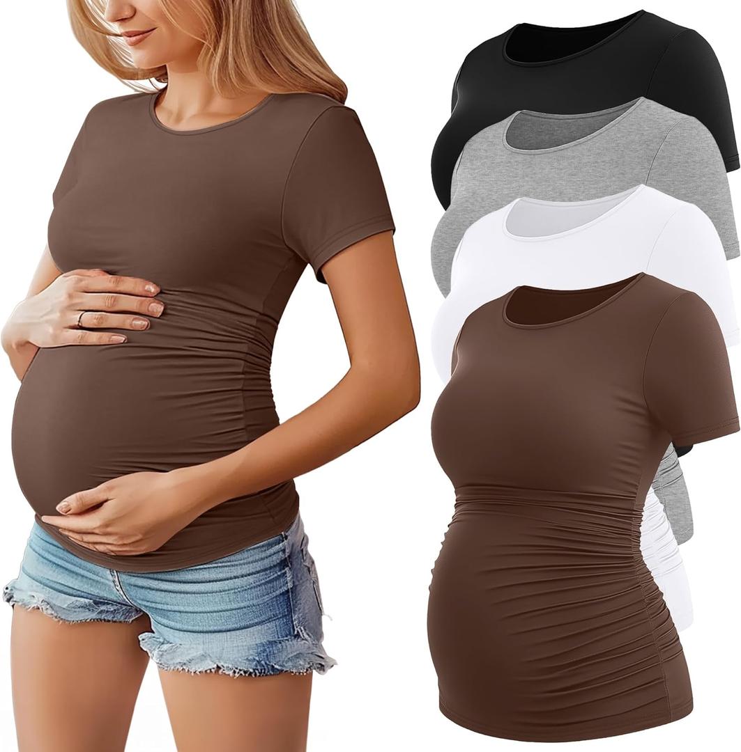 Huukeay 4 Pack Women's Maternity Shirts, Crew Neck Maternity Top Short Sleeve Casual Cotton Tee Side Ruched Pregnancy Clothes (X-Large, Black, White, Light Gray, Coffee)