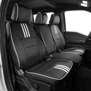 EKR F150 Seat Covers for (4 Door,SuperCrew) 2015-2020 Ford F150 & (CrewCab) 2017-2022 F250/F350/F450 SuperDuty Limited/King Ranch/Lariat/Platinum Full Set,Faux Leather(Black with White Trim)