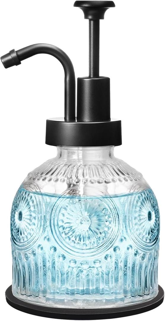 SheeChung Vintage Soap Dispenser, Kitchen Dish Soap Dispensers with Pump Mat, Glass Hand Soap Dispenser for Bathroom, Liquid, Lotion, Refillable, Rustic Farmhouse Decor-Clear (Black Pump, 1 pk)