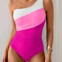 Aidonger One Shoulder One Piece Swimsuit for Women Tummy Control Bathing Suits Color Block Ruched Swim Suit Slimming Swimwear (Pink), Size Small