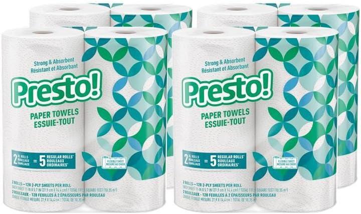 Amazon Brand - Presto! Kitchen Paper Towels - Flex-a-Size, 128 Sheet Family Roll, 8 Rolls (4 Packs of 2), White