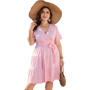 KOJOOIN Women Plus Size V Neck Wrap Dress High Waisted Short Sleeves Summer Casual Midi Dress with Belt (5X-Large, Pink Short Sleeves) KOJOOIN Women Plus Size V Neck Wrap Dress High Waisted Short Sleeves Summer Casual Midi Dress with Belt (5X-Large, Pink Short Sleeves)