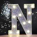 Pooqla LED Marquee Light Up Silver Letters, Glitter Alphabet Sign Battery Powered for Night Light, Birthday Party, Wedding, Girls Gifts, Home Bar, Christmas Decoration - Silver Letter N