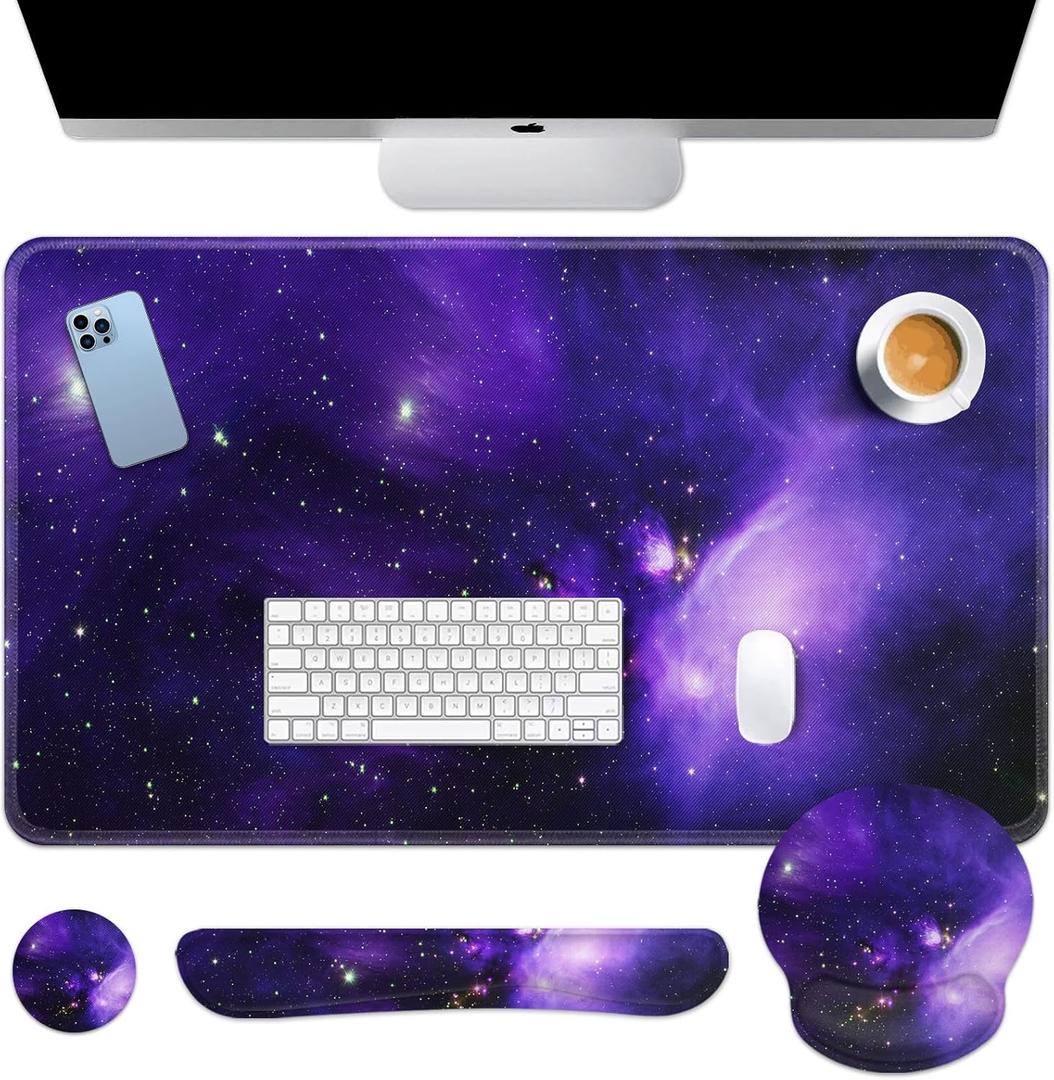 Britimes Space Galaxy Purple Keyboard Mouse Pad Set 4in1 Large Mousepad+Keyboard Wrist Rest+Mouse Wrist Rest+Coaster Ergonomic Design for Home Office Computer 35.4x15.7 inches