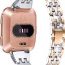 Bands Compatible with Fitbit Versa 2/Versa Lite/Versa, Women Replacement Metal Rhinestone Bling Bracelet Wristband, Copper Gold with Silver
