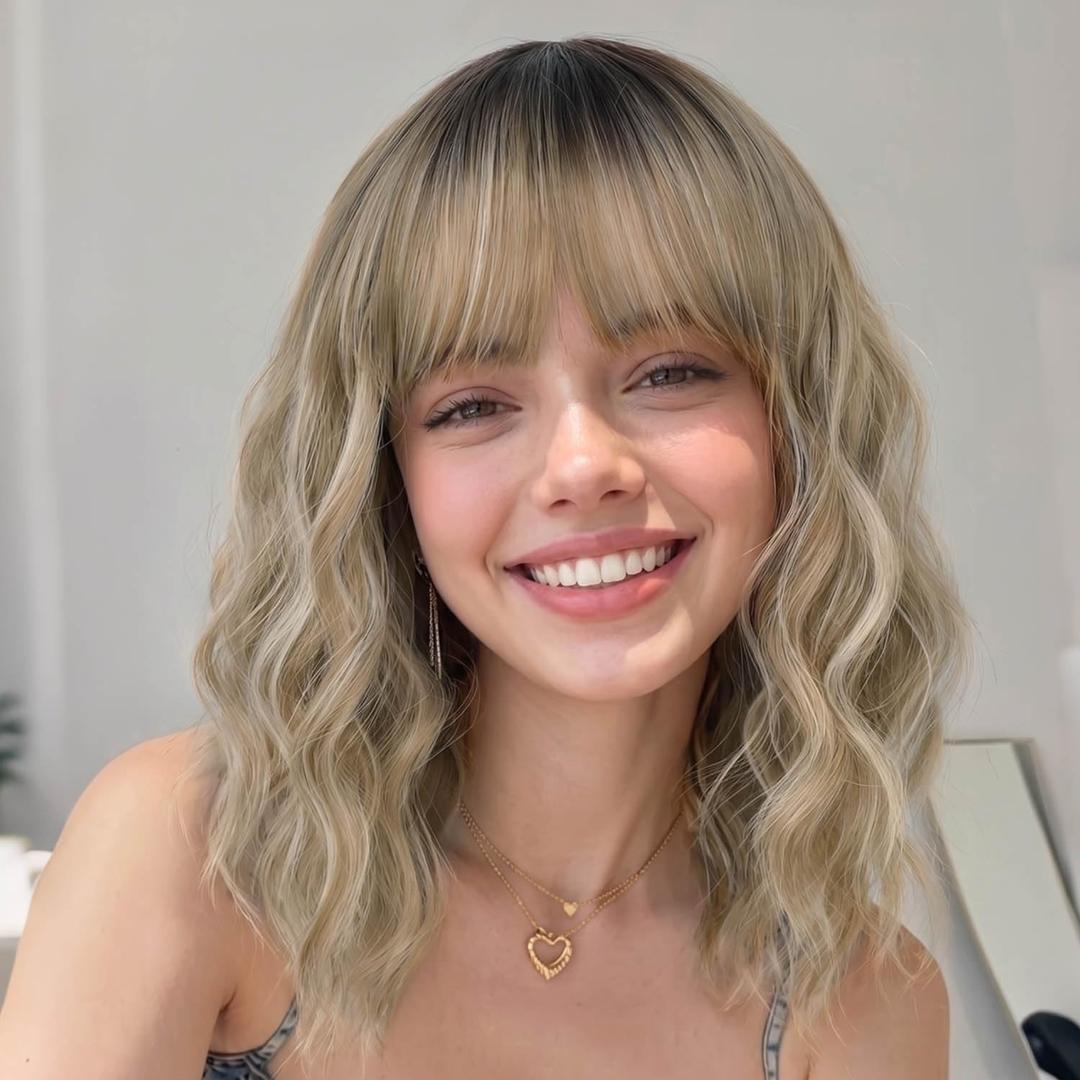 AISI HAIR Curly Bob Wig with Bangs Short Wavy Soft Beige Ash Blonde Wigs for Women Bob Style Synthetic Heat Resistant Bob Wigs