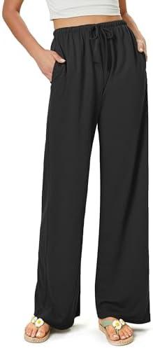 keriffe Summer Outfits Flowy Palazzo Pants for Women High Waisted Wide Leg Beach Casual Vacation Pants Trousers Pockets (Large, Black)