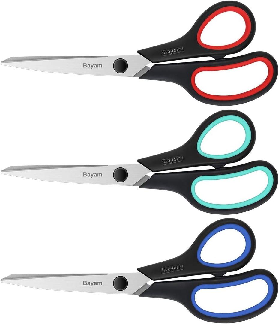 3-Pack 8" Heavy Duty Scissors with Ultra Sharp Blades and Comfort Grip Handles - For Office, Home, School, Sewing, and Crafts (Red, Green, Blue)