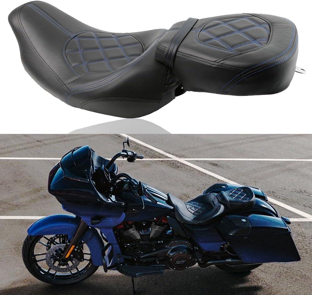 Low-Profile Leather Seat Pillion Passenger Rider Seat Set Compatible with Harley Touring Road King Street Glide Road Glide Electra Glide CVO 2009-2023 (Blue stitching)