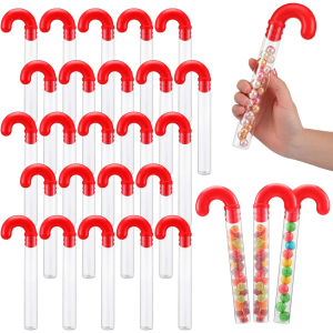 Lallisa Pack of 24 Large Christmas Candy Tubes 9.8 Inch Plastic Candy Container Clear Empty Candy Tube with Red Topper Christmas Party Supply Red Filled Holiday Stuffer Crutch Shaped for Christmas Party