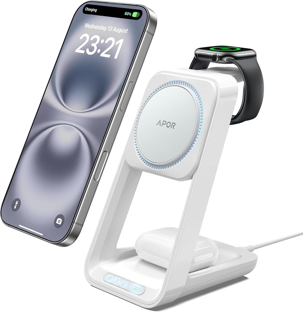 3 in 1 Charging Station for iPhone, Magsafe Wireless Charger with Cooling Fan for iPhone 16 15 14 13 12 Series & Apple Watch Charger 10/Ultra 2, Wireless Charging Station for AirPods 4/3/Pro/Pro 2