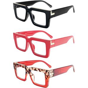 REAVEE 3 Pack Oprah Style Reading Glasses for Women Men, Blue Light Blocking Readers Stylish Square with Spring Hinge (Black/Red/Red Leopard)